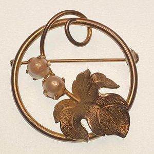 Vintage 14KGF freshwater pearls accent leaf figural brooch
